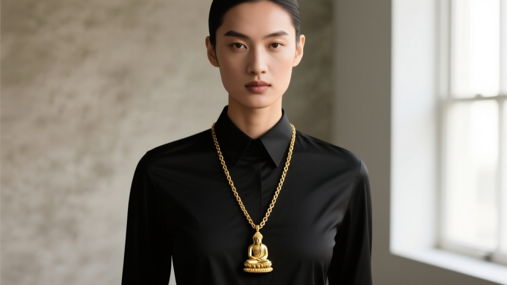 Model in black shirt wearing 24-inch gold chain and bhumisparsha buddha pendant resting at mid-chest level in soft natural light.