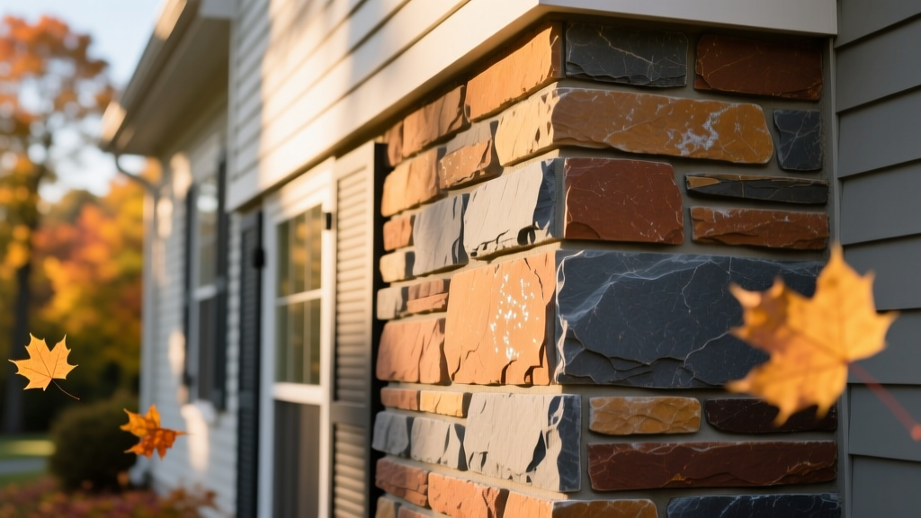 Stacked stone veneer on a New Jersey home exterior, detailing mortar joints and breathable sealant application in bright autumn light
