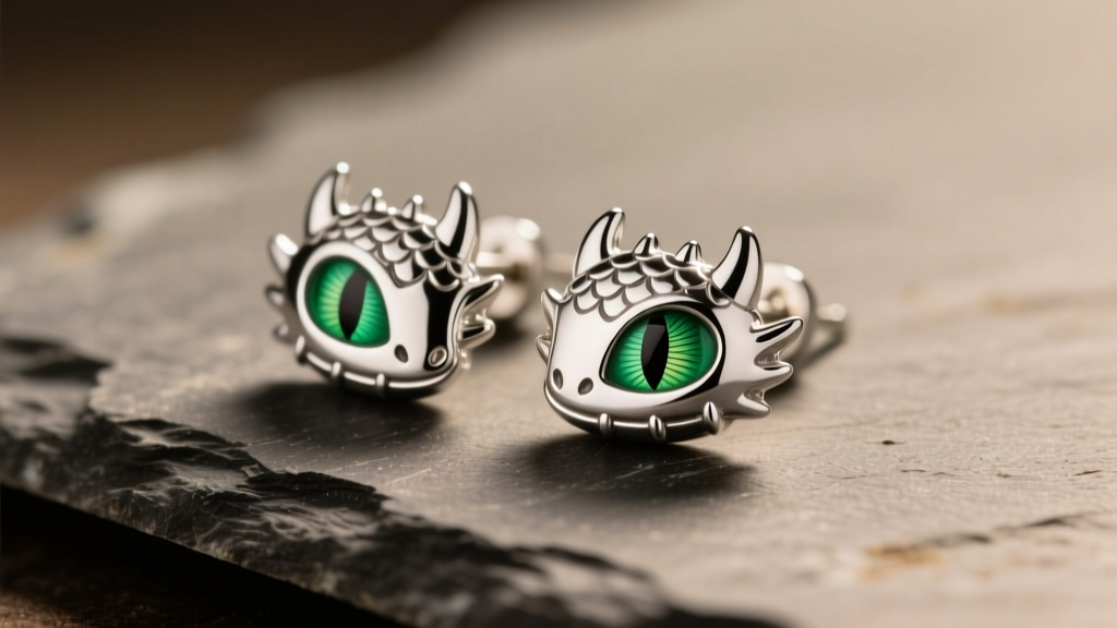 Close-up of sterling silver Toothless stud earrings on slate, showing vivid green enamel eyes and detailed scale texturing.
