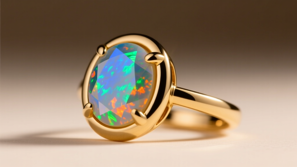 Side profile of a 14k gold bezel setting securing an opal diamond pendant, showing the smooth rim protecting the soft gemstone edge.