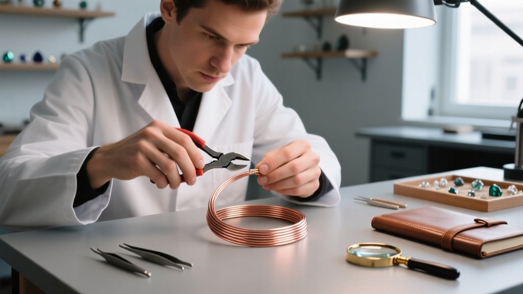 Jeweler using nylon-jaw pliers to adjust the curve of a 16-gauge rose gold choker wire necklace under bright workbench lighting.