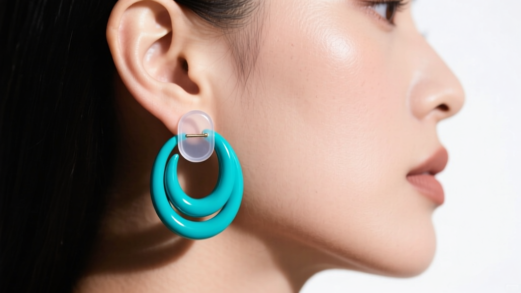Side profile of heavy turquoise statement earring on ear lobe supported by clear silicone back to prevent drooping and tearing