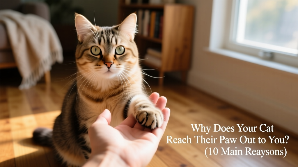 Cat sitting beside a person’s hand, one paw lightly resting on it