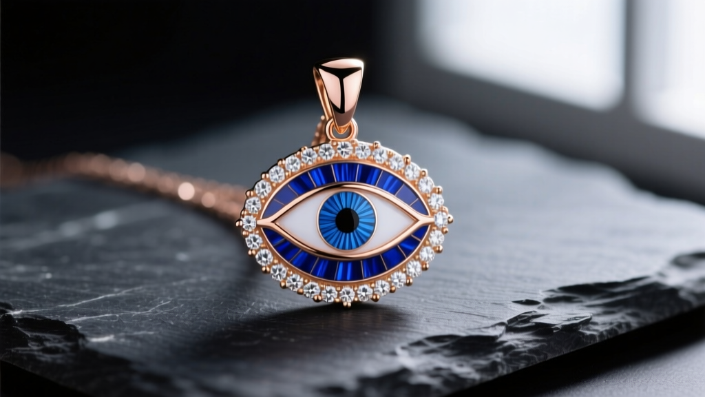 Close-up of a 14k rose gold evil eye pendant with vibrant blue guilloché enamel and a diamond halo resting on dark slate.