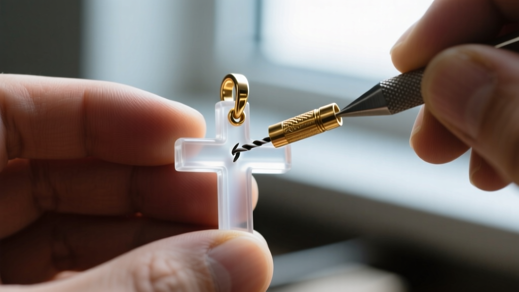 Close-up of a jeweler inserting a 2mm brass micro tube sleeve into a drilled plastic cross pendant hole to reinforce the metal bail.