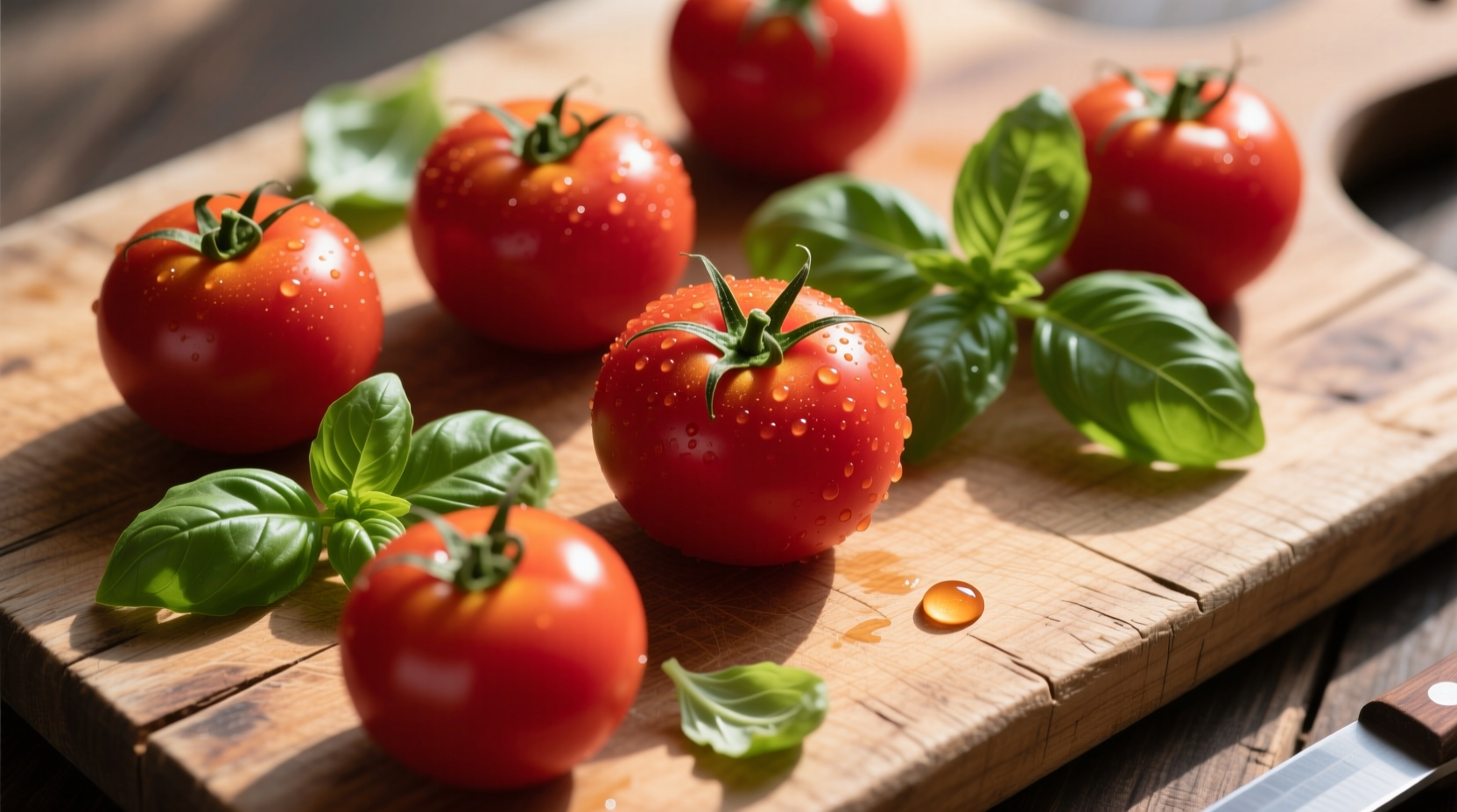 Roma tomatoes on wooden cutting board with fresh basil
