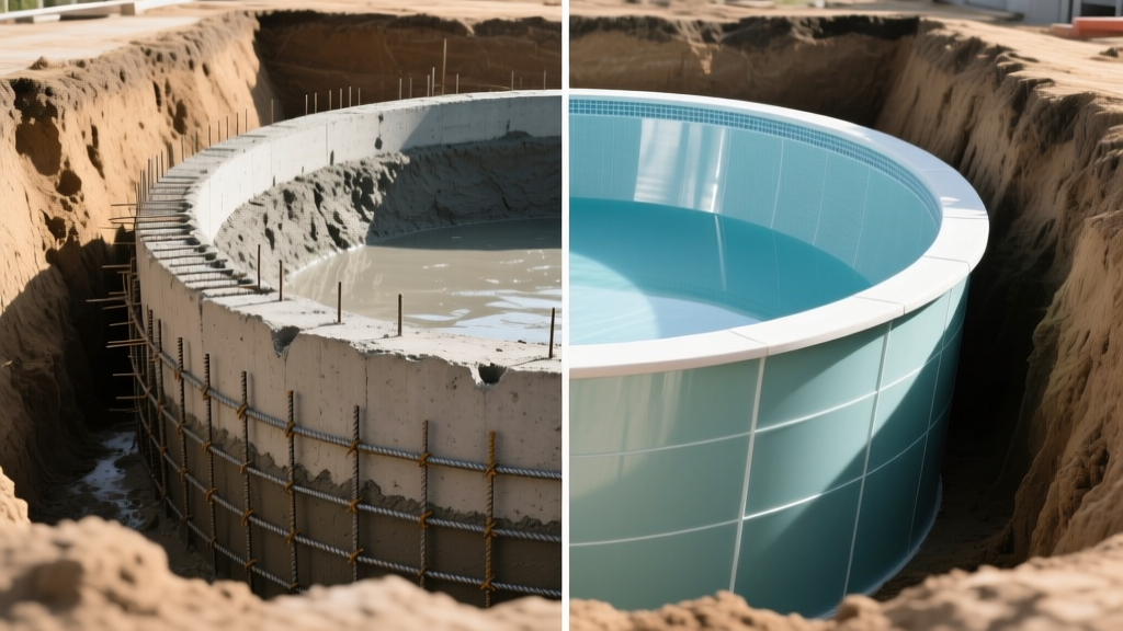 Split-view cross-section of steel-reinforced shotcrete pool shell and pre-moulded fibreglass pool shell set in excavated earth