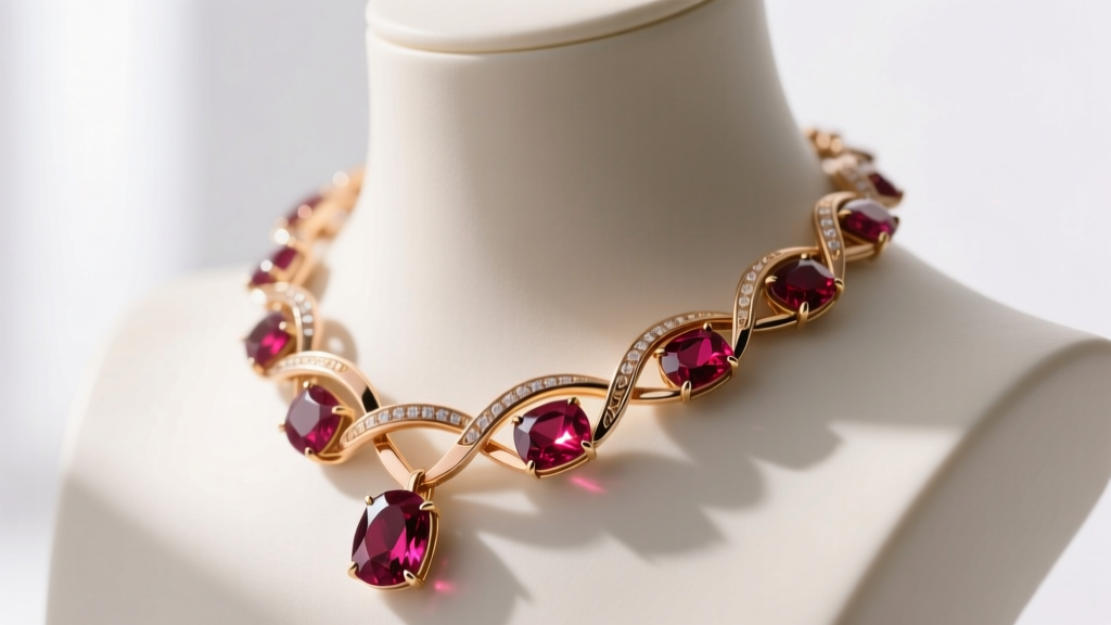 Close-up of a transformable high jewelry necklace with unheated rubies and articulated 18k rose gold links on a mannequin bust.