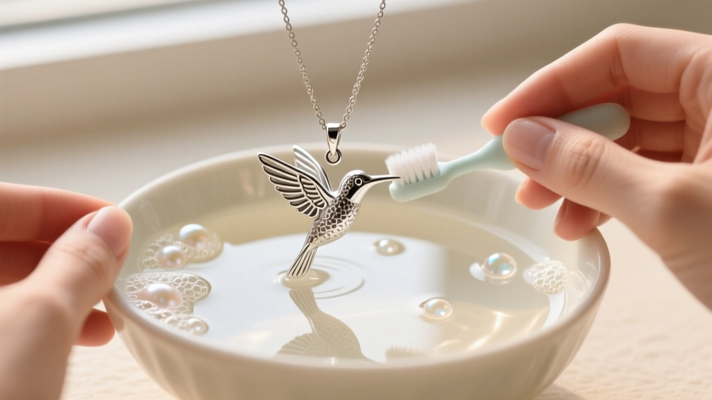 Hands gently scrubbing a delicate silver hummingbird pendant with an ultra-soft baby toothbrush in a bowl of warm soapy water.
