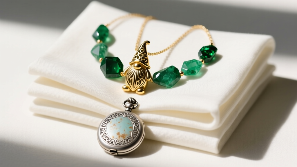 Flat lay of a layered stack featuring a 14k gold gnome pendant, raw emerald chip necklace, and vintage silver locket on linen