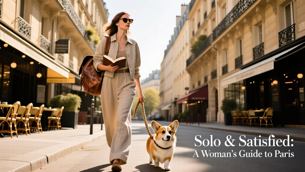 A woman walking confidently along a sunlit Parisian street lined with cafés and historic buildings