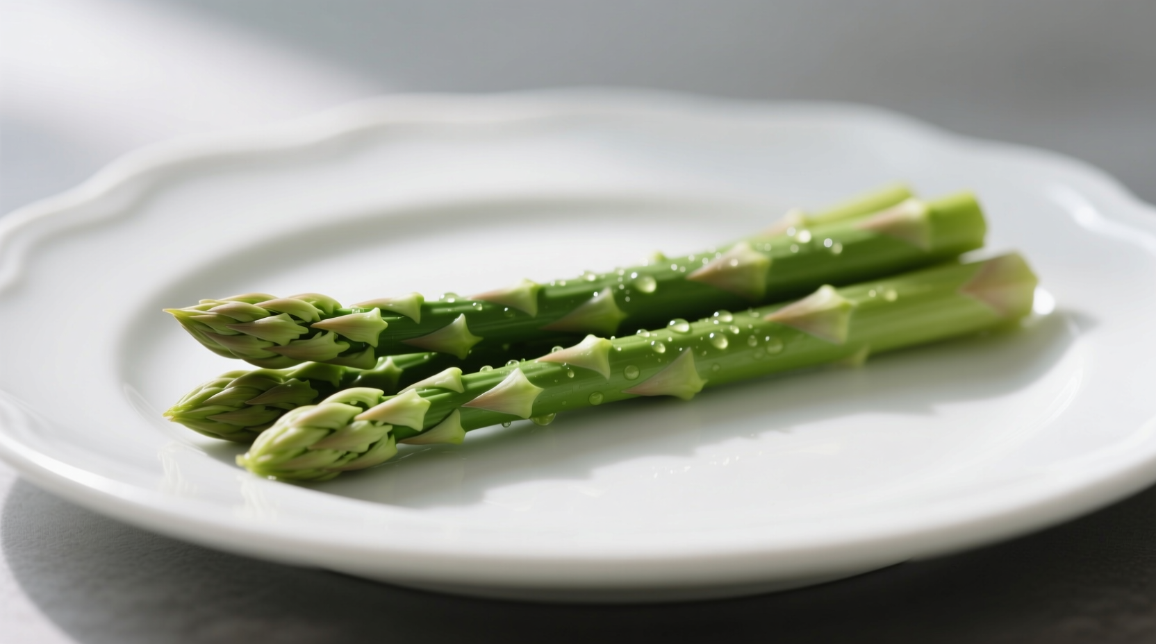 Perfectly steamed asparagus on white plate