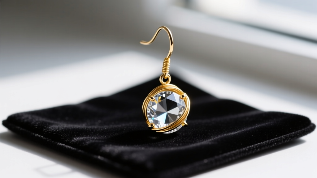 Macro shot of 24-gauge gold wire wrapping a faceted crystal bead on a dangle earring, resting on a dark velvet jewelry cleaning mat