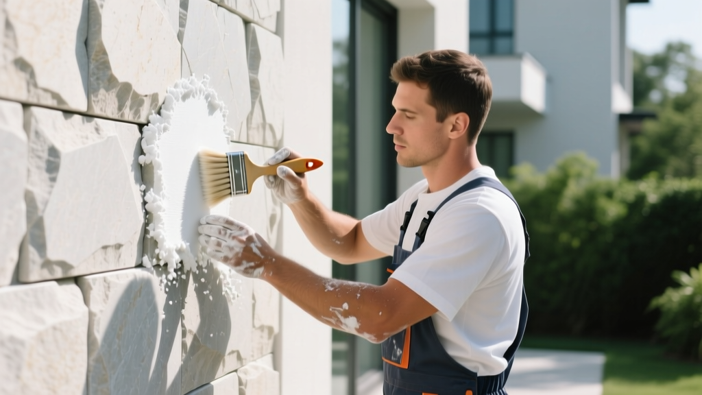 Mason using a soft-bristle brush and specialized cleaner to remove efflorescence from a manufactured stone veneer exterior wall