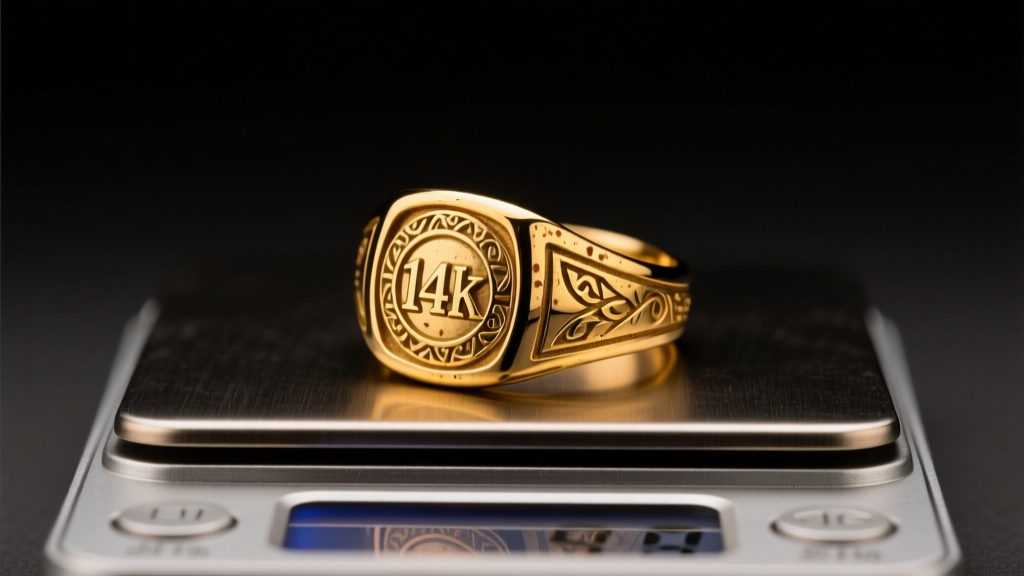 Close-up of a tarnished 14k yellow gold vintage signet ring resting on a digital jewelry scale, lit by warm studio lighting.