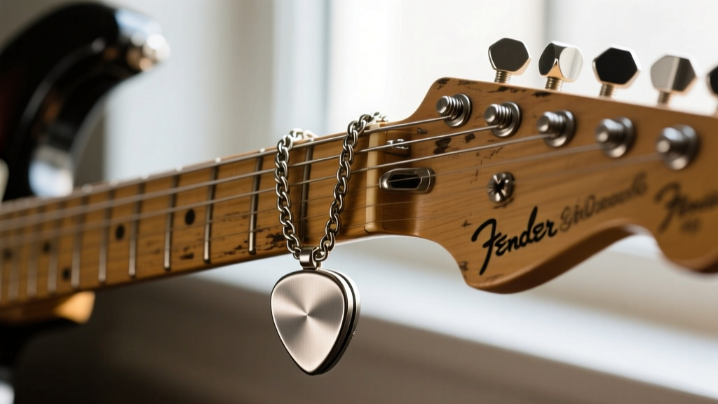 Brushed titanium guitar pick case necklace on a vintage Stratocaster body, highlighting the threaded screw cap and heavy chain.