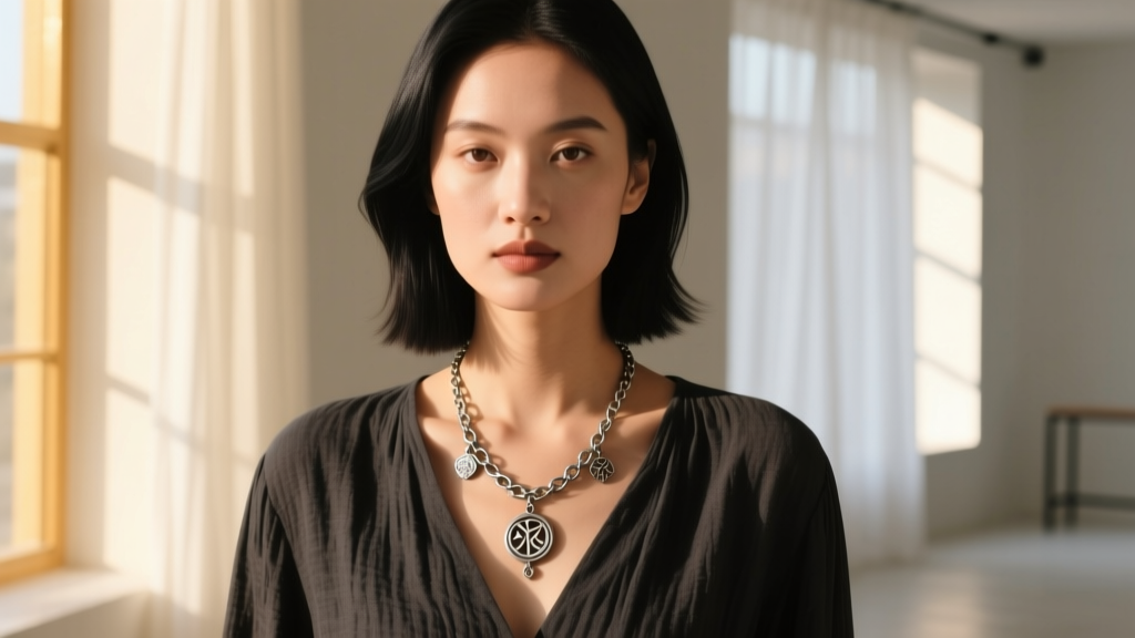 Woman wearing a 20-inch oxidized silver cimaruta necklace over a dark linen blouse, illuminated by warm, natural window light