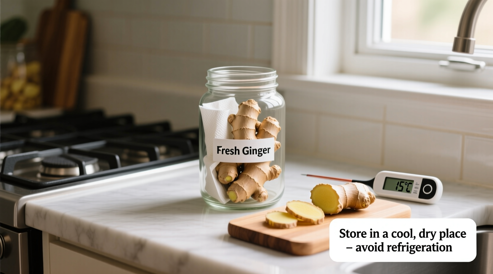 Geschnittener frischer Ingwer neben ausgetrocknetem Ingwer zur Haltbarkeitsvergleich