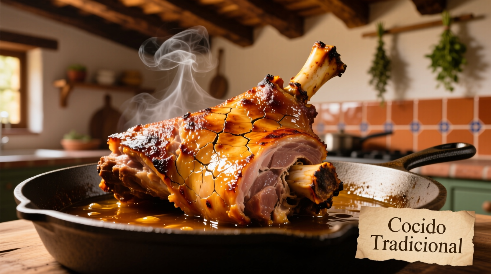 Golden brown pernil with crispy skin on roasting pan