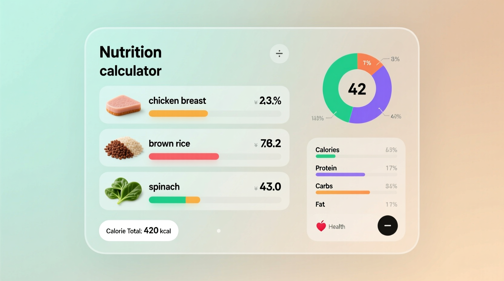 Nutrition calculator showing food ingredients and calorie breakdown