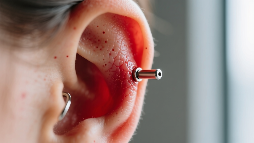 Macro photography of a swollen earlobe piercing reacting to nickel-heavy alloy earrings, showing redness around a 20-gauge post