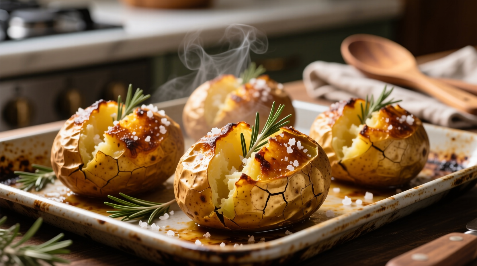 Golden baked potatoes with crispy skin on baking sheet