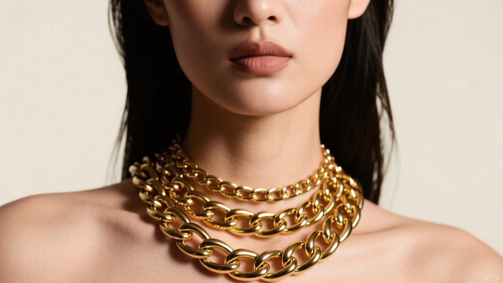Close-up of a model wearing three layered chunky gold Cuban link chains of varying thicknesses, studio lighting, neutral background