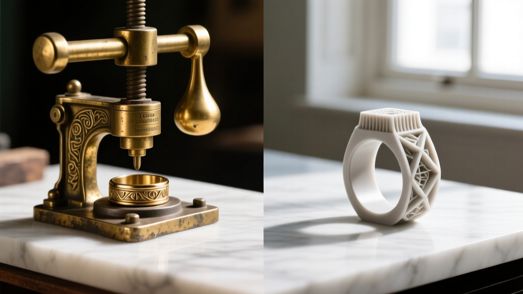Split-screen showing a 19th-century brass drop press for ring stamping next to a modern 3D-printed castable wax ring model.