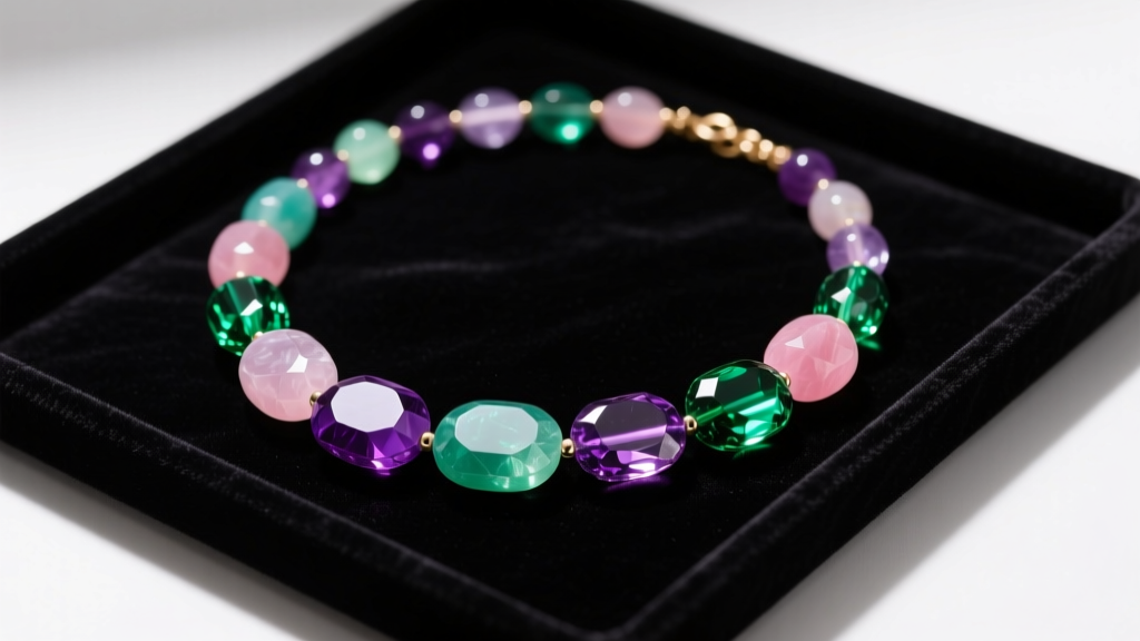 Top-down view of a multi color stone necklace with tourmaline, amethyst, and peridot beads on a dark velvet tray in soft lighting