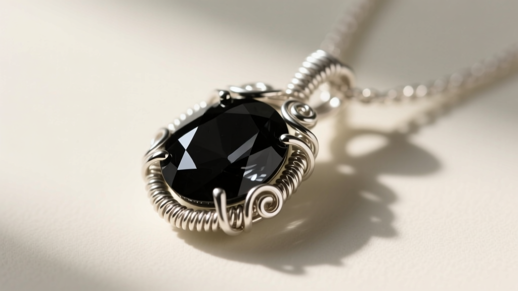 Macro shot of a wire-wrapped raw black tourmaline pendant showing intricate 20-gauge argentium silver wire weaving details