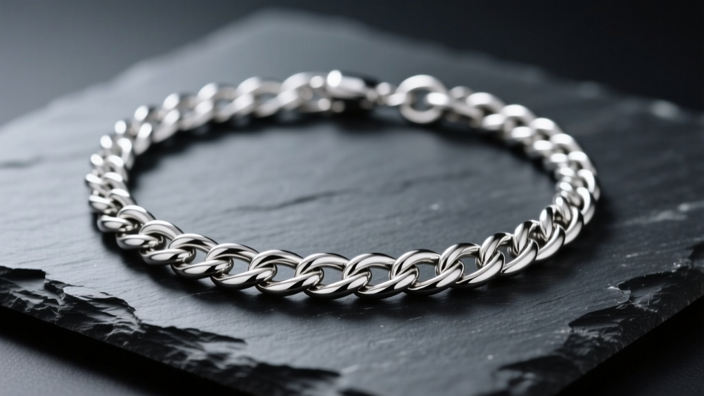 A 925 sterling silver rope chain necklace on dark slate, with soft studio lighting highlighting the highly reflective metal links.