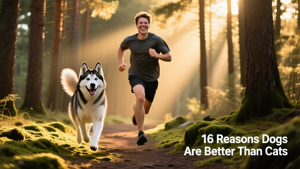 A person running alongside a smiling Husky on a forest trail