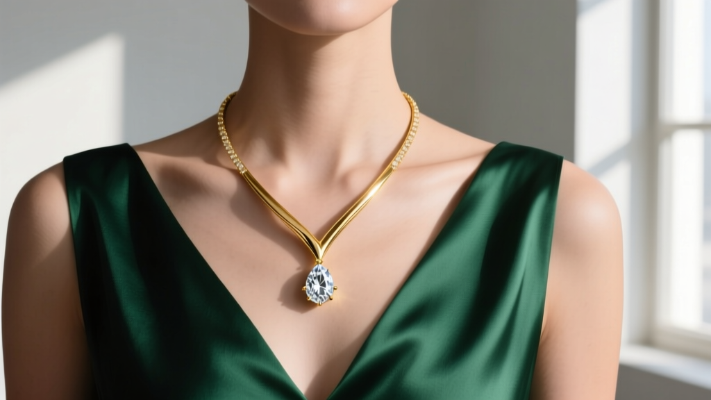 Model wearing an 18k gold 28-inch Y-necklace with a pear-cut diamond drop resting on a silk deep V-neckline in soft lighting