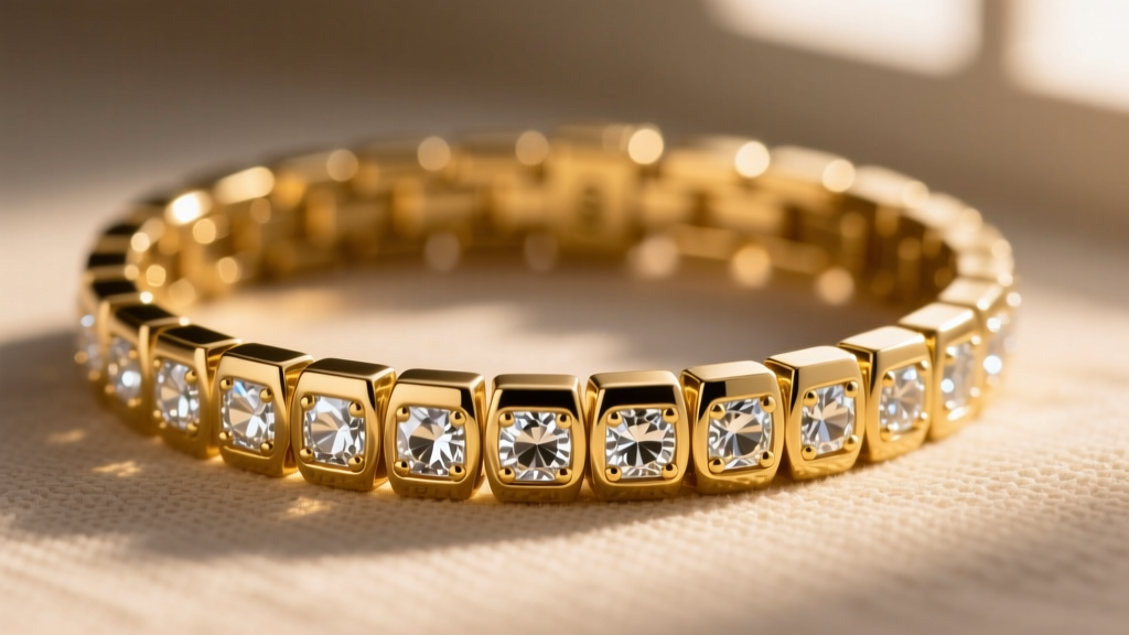 Close-up of an 18k gold PVD-coated stainless steel tennis bracelet with cubic zirconia stones catching warm evening light