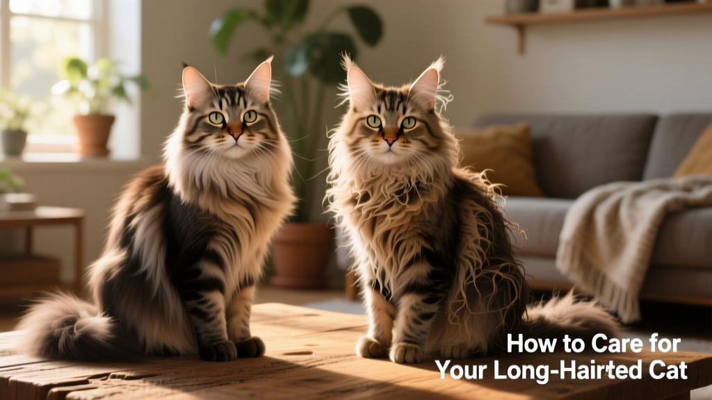 Side-by-side comparison showing a well-groomed long-haired cat with a smooth, shiny coat versus one with visible matting behind the ears and along the back