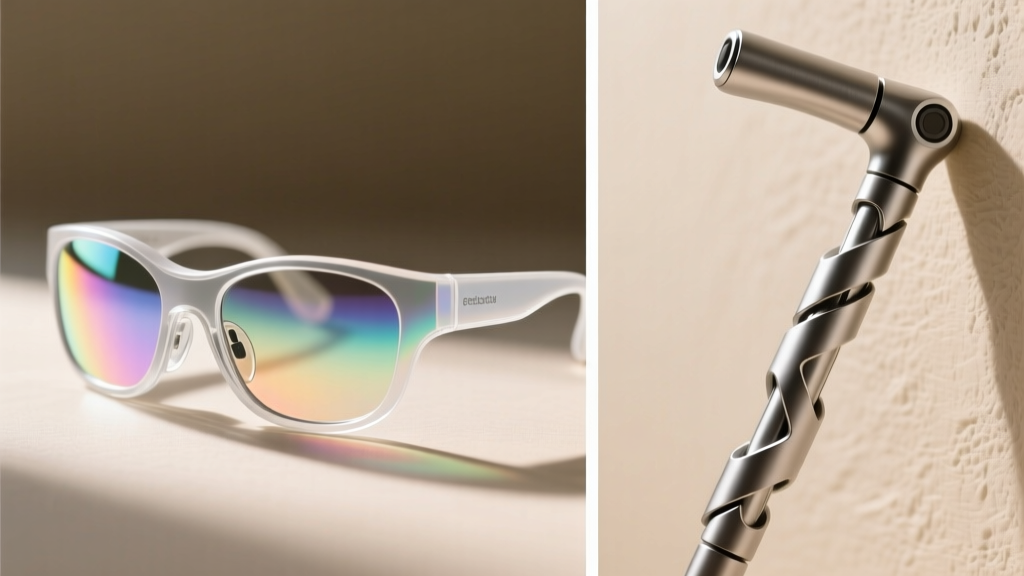 A split-screen close-up showing eco-friendly bio-acetate AR smart glasses on the left and a recycled aluminum modular gadget walking stick cane on the right.