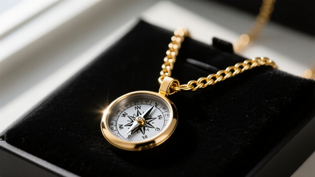 Macro shot of a 1.2mm solid gold box chain clasp connecting to a brushed compass pendant resting on a dark velvet display pad.