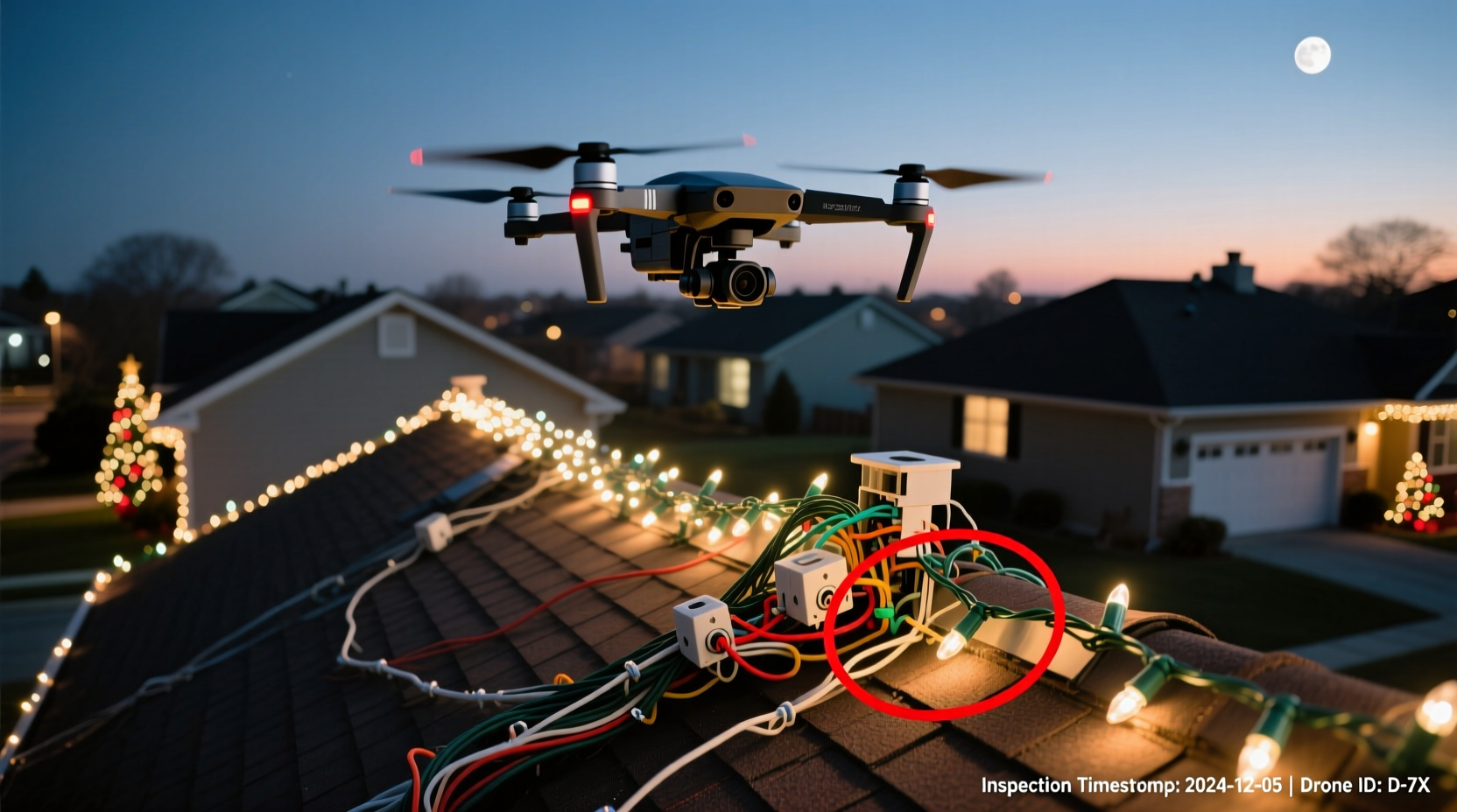 how to use drone footage to inspect rooftop christmas light installations safely