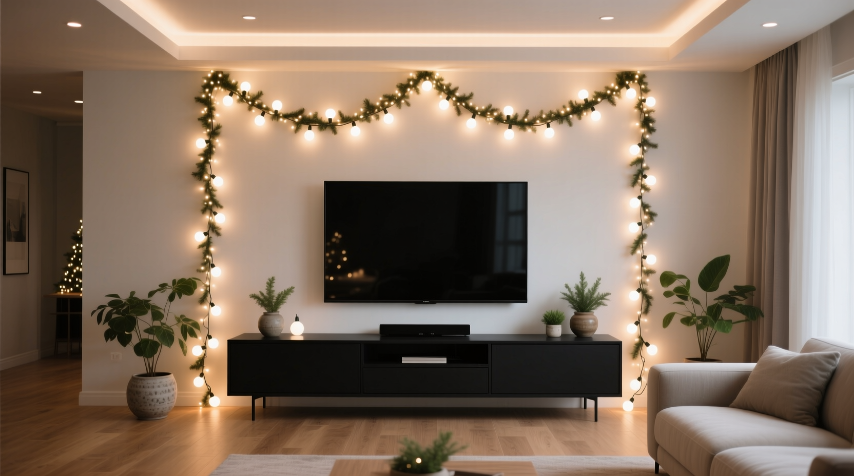 how to use christmas lights to frame a tv console without glare