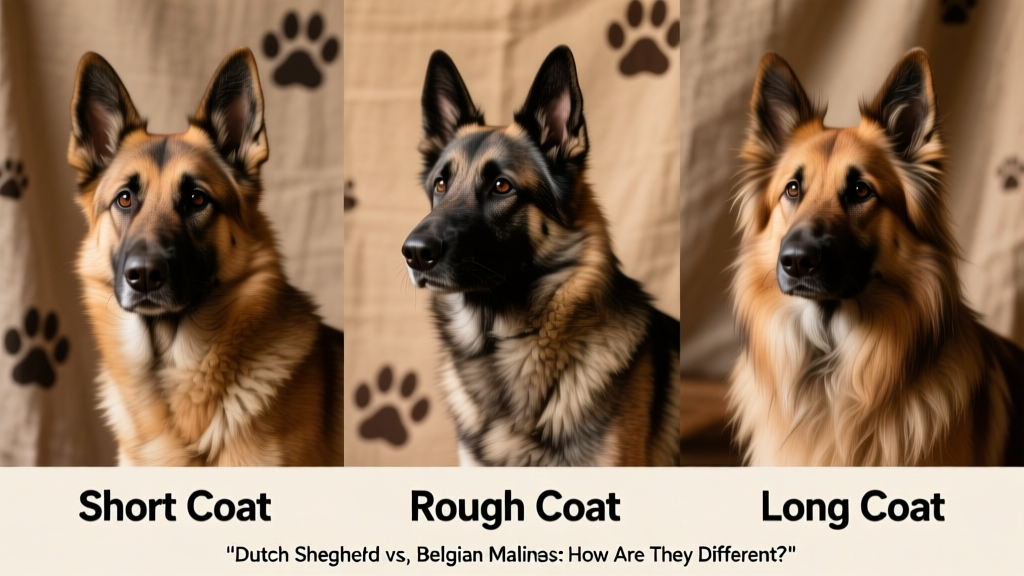 Close-up collage showing the three Dutch Shepherd coat types: short, rough, and long—each clearly labeled and well-groomed