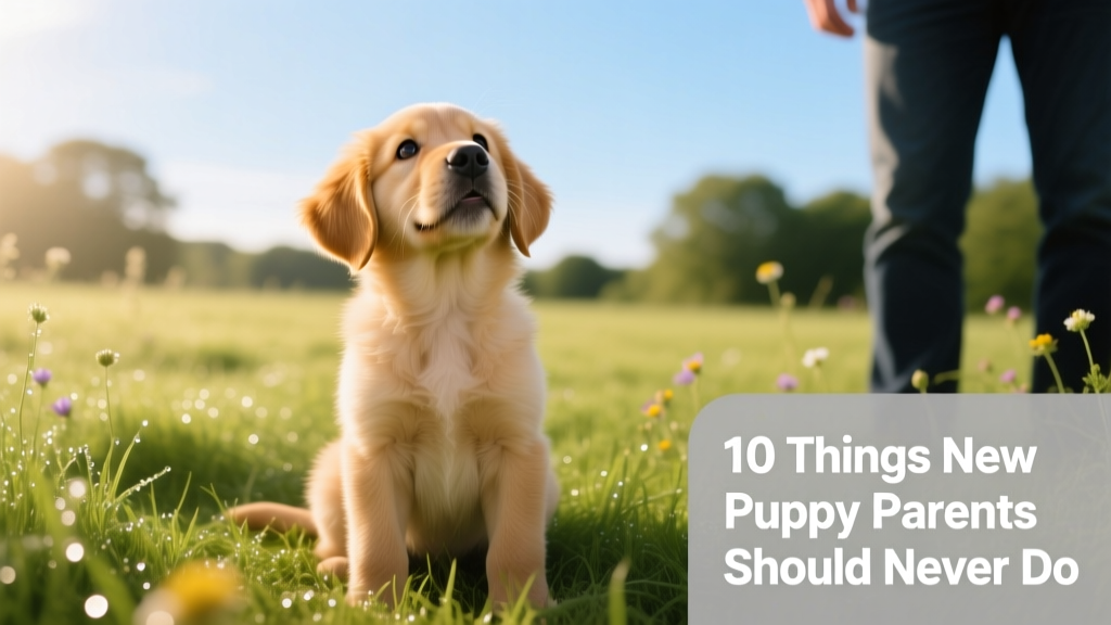 Happy golden retriever puppy sitting on grass, looking up attentively at owner