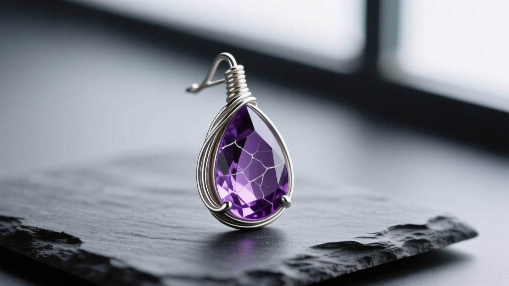 Macro shot of 20-gauge silver wire-wrapped teardrop amethyst earring on dark slate, showing deep purple inclusions and wire loops.