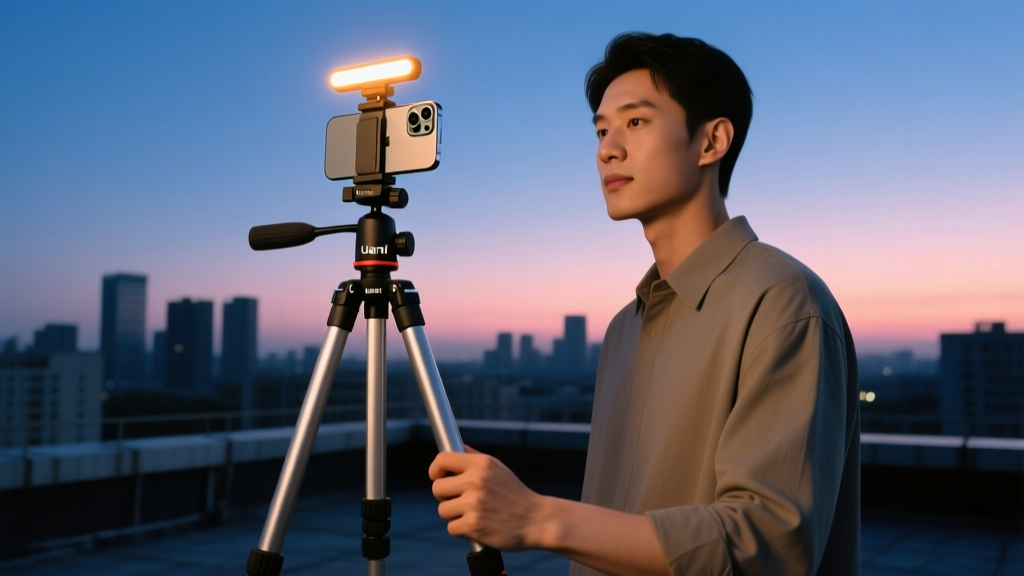 Creator holding Ulanzi MT-16 extendable tripod with mounted iPhone, using Ulanzi VL49 RGB light attached to cold shoe mount at dusk