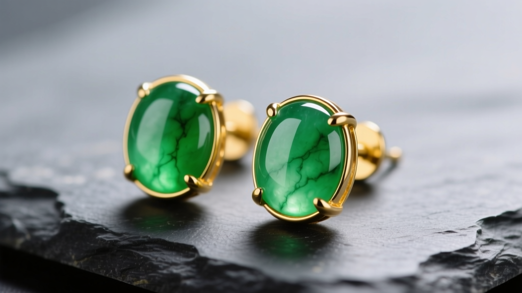 Macro shot of Type A imperial green jadeite cabochon stud earrings in 18k yellow gold bezels on a dark slate stone surface.