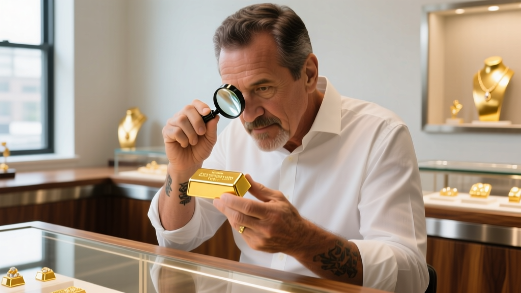 Close-up of an experienced Missouri gold buyer using a jeweler's loupe to inspect a vintage 18k yellow gold chain link bracelet