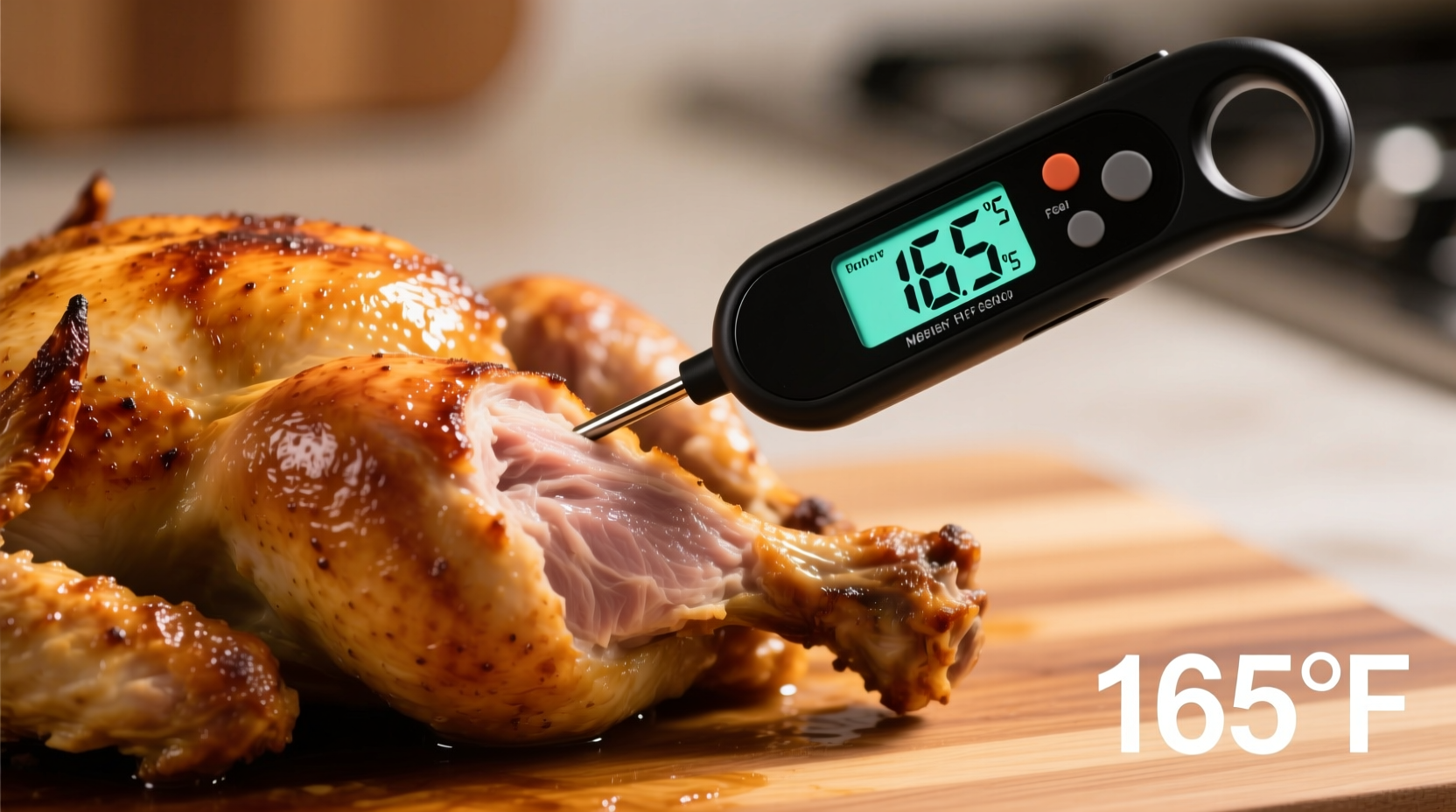 Digital meat thermometer showing 165 degrees in chicken thigh