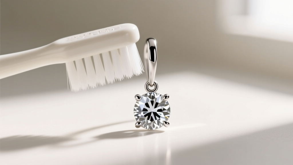 Soft toothbrush gently scrubbing the pavilion of a platinum diamond drop earring, highlighting the delicate four-prong setting.
