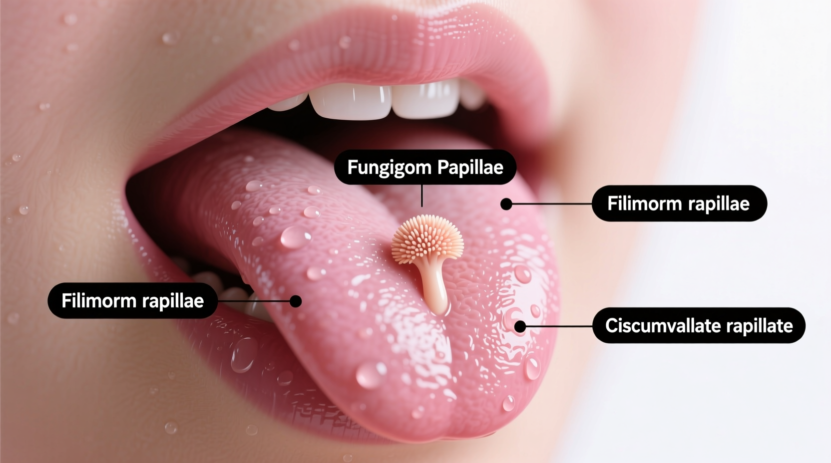 Close-up of healthy tongue with labeled papillae