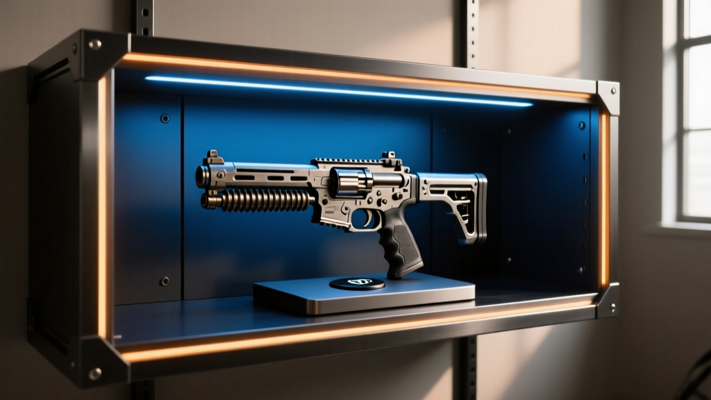 A fully assembled Batcave display shelf glowing with deep blue and amber smart lights as a Grapnel Gun replica is placed onto the NFC trigger pad.