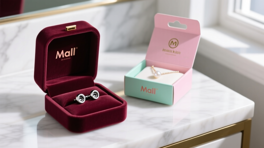 Delicate titanium labret studs resting in a velvet gift box next to a pastel mall kiosk jewelry carton on a bright marble vanity.